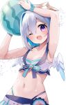  1girl amane_kanata angel angel_wings armpits asymmetrical_bangs bikini blue_hair blush breasts cleavage colored_inner_hair feathered_wings fragir gradient_wings grey_hair hair_ornament halo highleg highleg_bikini highres hololive hololive_summer_2023_swimsuit long_hair looking_at_viewer mini_wings multicolored_hair multicolored_wings navel official_alternate_costume one_eye_closed open_mouth purple_eyes short_hair single_hair_intake small_breasts smile solo star_halo streaked_hair striped_bikini striped_clothes swimsuit virtual_youtuber wings 
