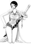  1girl between_thighs breast_tattoo breasts coat denim denim_shorts earrings finger_tattoo genderswap genderswap_(mtf) highres holding holding_sword holding_weapon jewelry kneeling large_breasts looking_to_the_side monochrome nail_polish namnam_op one_piece open_fly open_mouth see-through sheath short_hair shorts solo sword tank_top tattoo teeth thighs trafalgar_law weapon 