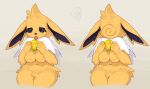  2024 4_fingers anthro big_breasts black_sclera breasts crotch_tuft eeveelution featureless_breasts female fingers food fruit fur generation_1_pokemon hi_res holding_food holding_fruit holding_object jolteon kame_3 lemon navel nintendo nude plant pokemon pokemon_(species) simple_background solo tongue tongue_out tuft yellow_body yellow_fur 