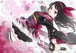  black_hair black_legwear choker dutch_angle flower grin hair_ribbon k+ katana lolita_fashion obi original outstretched_arms petals pink_eyes red_flower red_rose ribbon rose rose_petals sash sheath smile solo spread_arms sword thighhighs wa_lolita weapon zettai_ryouiki 