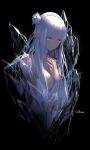  1girl black_background braid breasts cleavage crown_braid crying crying_with_eyes_open elf emilia_(re:zero) flower frozen hair_flower hair_ornament hands_on_own_chest highres ice long_hair own_hands_clasped own_hands_together pointy_ears purple_eyes re:zero_kara_hajimeru_isekai_seikatsu rose signature solo swd3e2 tears upper_body white_flower white_hair white_rose x_hair_ornament 