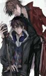  2boys absurdres argyle_clothes argyle_sweater_vest black_jacket black_pants blue_hair blue_headphones brown_hair coat collared_shirt cross cross_necklace dual_persona fur-trimmed_jacket fur_trim glasses gureru_(r_grey1204) hand_in_pocket headphones headphones_around_neck highres hiyama_kiyoteru hiyama_kiyoteru_(vocaloid4) holding holding_microphone jacket jewelry long_sleeves microphone multicolored_hair multiple_boys necklace open_clothes open_jacket pants parted_lips pinstripe_pattern pinstripe_shirt red_coat shirt short_hair streaked_hair sweater_vest teeth vocaloid white_background white_shirt 