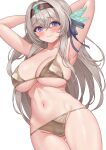  1girl armpits arms_behind_head arms_up ass_visible_through_thighs bikini black_hairband blush cameltoe commentary cowboy_shot firefly_(honkai:_star_rail) grey_bikini hair_intakes hairband highres honkai:_star_rail honkai_(series) long_hair looking_at_viewer navel pinkcap purple_eyes simple_background solo standing stomach swimsuit thighs very_long_hair white_background 