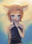  +_+ 1girl alternate_costume animal_ears artist_name bare_shoulders blue_eyes blue_shirt blunt_bangs breasts bright_pupils collarbone crop_top extra_ears fingernails halter_shirt halterneck hand_to_own_mouth hand_up highres indie_virtual_youtuber mau-chan_(7name) mouse_ears mouse_girl nail_polish naname_(7name) orange_hair original shirt signature sleeveless sleeveless_shirt small_breasts solo thick_eyebrows tight_clothes tight_shirt upper_body virtual_youtuber watch wristwatch 