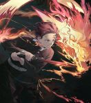  1boy 1girl absurdres belt blood demon_slayer_uniform dragon earrings fire glowing highres holding holding_sword holding_weapon jacket japanese_clothes jewelry kamado_tanjirou kimetsu_no_yaiba long_hair long_sleeves looking_at_viewer male_focus open_mouth pants pe_an red_eyes red_hair scar scar_on_face scar_on_forehead shirt short_hair solo sword teeth upper_body weapon 
