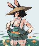  animal_humanoid apron apron_lift black_hair breasts clothed clothing clothing_lift conical_hat female frilly frilly_clothing hair hat headgear headwear hi_res holding_object humanoid lagomorph lagomorph_humanoid leporid_humanoid light_body light_skin looking_at_viewer mammal mammal_humanoid nipple_slip nipples not_furry off_shoulder rabbit_ears rabbit_humanoid short_hair solo spotted_ears standing tan_hat tan_headwear translucent underwear wardrobe_malfunction water wearing_hat wet wide_brim_hat yellow_eyes zako 