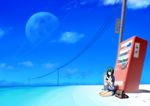  bag barefoot beach can day green_hair highres izumi_sai looking_at_viewer original outdoors planet power_lines scenery shorts sitting solo vending_machine water yokozuwari 