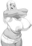  1girl :d absurdres bare_arms blush breast_drop breasts cleavage commentary_request grey_eyes hakai_shin highres huge_breasts large_breasts long_hair looking_at_viewer monochrome navel nipples original plump short_shorts shorts sidelocks simple_background smile solo stomach tan tank_top tanlines teeth undressing upper_teeth_only white_background white_hair white_shorts white_tank_top 