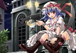  :p bad_id bad_pixiv_id bat_wings blue_hair boots cup fang fujishima_shinnosuke hat red_eyes remilia_scarlet solo tea teacup tongue tongue_out touhou wings 