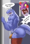  2024 abelisaurid alphamoonlight anthro barazoku biceps big_bulge big_butt big_muscles bodily_fluids bottomwear bottomwear_down bouncing_butt bubble_butt bulge butt carnotaurus clothed clothing cross-popping_vein crying cutaway deltoids dialogue dinosaur door duo english_text frown hi_res horn huge_butt huge_muscles humor inside jockstrap male motion_lines muscular muscular_anthro muscular_male open_mouth pants pants_down partially_clothed pecs reptile sad scales scalie side_view solo_focus standing tears teeth text theropod thick_thighs tongue topless topless_anthro topless_male tyrannosaurid tyrannosauroid tyrannosaurus tyrannosaurus_rex underwear yelling 