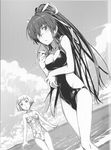  :&lt; beach breasts casual_one-piece_swimsuit cloud floral_print flower greyscale haimura_kiyotaka hair_ribbon halterneck highres kanzaki_kaori long_hair looking_at_viewer medium_breasts monochrome one-piece_swimsuit ponytail ribbon scan short_hair solo swimsuit to_aru_majutsu_no_index tour_guide_girl 