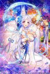 1girl :d age_of_ishtaria animal_ears bare_shoulders bell blue_flower blue_rose blush breasts copyright_notice dress facial_mark flower forehead_mark fox_ears fox_tail fur_trim hagoromo hair_flower hair_ornament highres horizon jingle_bell kuzunoha_(age_of_ishtaria) large_breasts long_hair looking_at_viewer munlu_(wolupus) ocean off-shoulder_dress off_shoulder open_mouth purple_eyes rose shawl sitting smile solo star_(symbol) sunset tail white_dress white_hair wide_sleeves 
