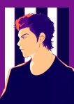  1boy ace_of_diamond black_shirt highres male_focus meat_mint parted_lips purple_background sanada_shunpei shirt short_hair solo striped_background upper_body 