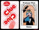  2023 4_fingers anthro big_nose black_border black_tie_(suit) blue_body blue_fur border bow_tie brown_hair bruce_mccorkindale card clothing clue_(film) cluedo crossover english_text eyewear fingerprint fingers fur glasses gonzo_(muppets) hair hasbro looking_at_viewer magnifying_glass male mansion muppet muppets parody playing_card shirt signature silhouette solo suit tabletop_game text the_muppet_show tools topwear white_clothing white_shirt white_topwear window wrench 