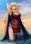  1girl armpits blonde_hair blue_sky breasts brown_cape cape cleavage cloud dark-skinned_female dark_skin desert dress fire_emblem fire_emblem:_the_binding_blade highres igrene_(fire_emblem) knees_up labebebe_lee large_breasts long_hair looking_at_viewer mature_female no_mole oasis partially_submerged pelvic_curtain presenting_armpit red_dress sand sky smile solo tan thighhighs thighs yellow_eyes 