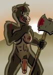  2024 abs absurd_res angry anthro ape axe balls barely_visible_balls barely_visible_genitalia battle_axe biceps blood blood_from_eye blood_on_arm blood_on_chest blood_on_face blood_on_hand blood_on_weapon bodily_fluids breast_squish breasts brown_body brown_fur clear_sky collarbone countershade_face countershade_torso countershading digital_media_(artwork) eye_scar face_injury facial_scar fingers fur genitals gynomorph haplorhine head_tuft hi_res holding_axe holding_object holding_weapon intersex jugular_vein looking_at_viewer mammal medium_breasts melee_weapon minor_wound monkey_ears multicolored_body muscular muscular_anthro muscular_arm muscular_arms muscular_gynomorph muscular_intersex muscular_thighs nipples nonameqwerasd notched_ear nude open_mouth open_wound outside penis portrait primate pubes scar shaded signature simple_background sky snarling solo squish standing sunset tan_body tan_countershading teal_eyes teeth three-quarter_portrait tuft weapon wiping_mouth wounded 