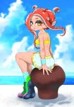  1girl bare_shoulders bikini bikini_top_only blue_pupils blue_sky breasts cloud day full_body highres koharu2.5 long_hair medium_breasts miniskirt multicolored_footwear ocean octoling octoling_girl octoling_player_character open_mouth orange_eyes outdoors red_hair shoes sitting skirt sky socks solo splatoon_(series) striped_clothes striped_socks striped_wristband suction_cups swimsuit teeth tentacle_hair two_side_up upper_teeth_only water white_skirt wristband yellow_bikini 
