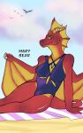  anthro avian beach beach_towel bird blue_clothing breasts clothing cloud dragon female fin gold_scales head_fin hi_res horn marybeararts mythological_creature mythological_scalie mythology one-piece_swimsuit red_body red_scales scales scalie selena_(golddrake) sitting solo swimwear tail towel wings 