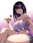  1girl alternate_costume artist_name black_hair breasts cafe_chashibu candy food han_juri highres holding holding_candy holding_food holding_lollipop lollipop looking_at_viewer multicolored_hair nail_polish pink_hair purple_eyes shorts smile solo street_fighter 