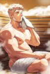  1boy bara blonde_hair closed_mouth dungeon_meshi highres laios_touden large_pectorals male_focus muscular muscular_male naked_towel navel nifast_(greentail) nipples one_eye_closed pectorals short_hair sitting solo steam towel twitter_username 