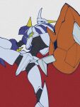  blue_eyes cape digimon digimon_(creature) extra_arms faux_traditional_media from_below highres horns humanoid_robot manchi_kansuke omegamon red_cape robot simple_background spikes white_background 