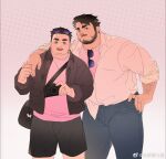  2boys arm_around_neck bara beard_stubble belly black_hair collared_shirt couple denim facial_hair fat fat_man finger_grab highres holding_hands jeans looking_at_viewer lovesheng1314 male_focus mature_male multiple_boys original pants pink_shirt plump shirt short_shorts shorts smile stubble thick_arm_hair thick_eyebrows thighs yaoi 