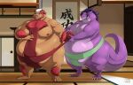  2024 anthro big_moobs biglovealicia cel_shading clothed clothing detailed_background digitigrade dragon duo fur hair hi_res japanese_text male mammal moobs morbidly_obese mythological_creature mythological_scalie mythology obese overweight plantigrade purple_hair red_body red_fur scalie shaded signature suid suina sumo sus_(pig) text wild_boar 