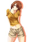  arms_behind_back bad_id bad_pixiv_id breasts brown_eyes brown_hair copyright_request medium_breasts midriff shorts smile solo yappen 
