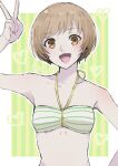  1girl bare_arms bare_shoulders bikini blush breasts brown_eyes brown_hair chako_(p4amg1208) collarbone commentary green_bikini halterneck hand_up heart highres looking_at_viewer open_mouth outside_border persona persona_4 pink_nails satonaka_chie short_hair small_breasts smile solo stomach striped_bikini striped_clothes swimsuit twitter_username upper_body v 