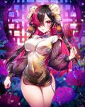  1girl black_hair blush breasts bun_cover china_dress chinese_clothes commission covered_navel double_bun dragon_print dress earrings fang flower hair_bun hair_flower hair_ornament hair_over_one_eye hand_up holding jewelry large_breasts long_hair long_sleeves looking_at_viewer multicolored_hair munlu_(wolupus) open_mouth original pink_hair print_dress puffy_long_sleeves puffy_sleeves rose skeb_commission solo thighs two-tone_hair white_flower white_rose 