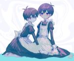  2boys antenna_hair apron black_dress black_eyes black_hair blush bow bright_pupils colored_skin crossdressing dress empty_eyes frills hair_between_eyes highres maid maid_apron maid_headdress male_focus multiple_boys omori omori_(omori) otoko_no_ko puffy_sleeves rakutiito310 short_hair sitting sunny_(omori) sweatdrop white_apron white_bow white_pupils white_skin 