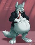  2017 3_toes 4_fingers abdominal_bulge anthro artist_name belly belly_rub big_belly black_clothing black_suit black_suit_jacket bloated bodily_fluids bottomless bottomless_anthro bottomless_male clothed clothing collar collared_shirt cuff_(restraint) cuffs_to_collar feet fingers fur grey_body grey_fur hand_on_belly hand_on_own_belly huge_belly hyper hyper_belly male motion_lines mr._smith_(scottc) multicolored_body multicolored_fur necktie overweight overweight_anthro overweight_male pink_background red_necktie restraints saliva saliva_string salivating scott_calico shirt sighing simple_background solo suit suit_jacket talking_to_self toes tongue tongue_out topwear two_tone_body two_tone_fur vore white_clothing white_shirt white_topwear 