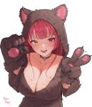  1girl absurdres animal_costume animal_hood bear_costume bear_hood bear_paws black_choker breasts brown_hoodie choker cleavage heterochromia highres hololive hood hoodie houshou_kumarine houshou_marine large_breasts long_hair looking_at_viewer open_mouth red_eyes red_hair rorirori_(rorirori45) smile solo teeth upper_teeth_only v virtual_youtuber white_background yellow_eyes 