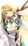  1girl bare_shoulders blonde_hair blush breasts chest_jewel cleavage dress earrings elbow_gloves gloves grin headpiece highres jewelry large_breasts long_hair looking_at_viewer mythra_(xenoblade) ponfu_y smile solo swept_bangs teeth tiara very_long_hair xenoblade_chronicles_(series) xenoblade_chronicles_2 yellow_eyes 