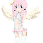  1girl absurdres angel angel_wings arms_behind_back blue_eyes blush bodysuit concept_art feathered_wings halo highres long_hair navel open_mouth original pink_hair short_twintails simple_wings skirt thighhighs turtleneck twintails white_thighhighs white_wings wings worried 