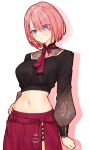  1girl black_shirt blue_eyes breasts closed_mouth cropped_shirt highres hololive large_breasts long_sleeves looking_at_viewer ma_draws midriff navel neck_ribbon pink_hair red_skirt ribbon shirt short_hair skirt smile solo takane_lui takane_lui_(3rd_costume) virtual_youtuber 