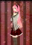  bad_id bad_pixiv_id black_legwear blue_eyes headband jacket long_hair megurine_luka miniskirt nail_polish pink_hair pink_nails shion530 skirt solo thighhighs vocaloid 