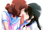  2girls black_hair brown_hair censored chinnen closed_eyes double_fellatio euphonium fellatio hibike!_euphonium instrument kousaka_reina long_hair mosaic_censoring multiple_girls oral oumae_kumiko paizuri paizuri_under_clothes penis precum saliva school_uniform serafuku short_sleeves simple_background white_background 