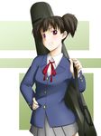  absurdres bad_id bad_pixiv_id brown_hair grin guitar_case highres instrument_case k-on! niwatazumi red_eyes school_uniform short_hair short_twintails smile solo suzuki_jun twintails 