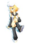  bad_id bad_pixiv_id blonde_hair blue_eyes crossed_legs detached_sleeves hair_ornament hairclip headphones kagamine_rin looking_at_viewer short_hair sitting smile solo vocaloid yappen 