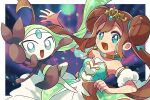  1girl :d bare_shoulders brown_hair double_bun dress green_dress green_eyes hair_bun long_hair looking_at_viewer looking_back official_alternate_costume open_mouth pokemon pokemon_(creature) pokemon_masters_ex rosa_(champion)_(pokemon) rosa_(pokemon) smile tiara twintails upper_body yunme 