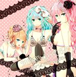  aqua_eyes aqua_hair bad_id bad_pixiv_id blonde_hair bow bra breasts flower gloves hair_bow hair_flower hair_ornament hairband hatsune_miku kagamine_rin lingerie long_hair medium_breasts megurine_luka multiple_girls okamoto pink_hair sideboob small_breasts smile sparkle thighhighs twintails underwear vocaloid 