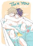  2boys aventurine_(honkai:_star_rail) bathing bathtub blonde_hair blush completely_nude dr._ratio_(honkai:_star_rail) flower grin hair_ornament hickey honkai:_star_rail honkai_(series) hug hug_from_behind male_focus multiple_boys muscular muscular_male nair_(mindcreator) nude partially_submerged purple_hair same-sex_bathing shared_bathing short_hair sitting smile water yaoi 