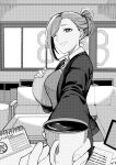  1boy 1girl bookshelf breasts calendar_(object) couch cup desk folded_ponytail formal greyscale highres holding holding_cup holding_tray idolmaster idolmaster_shiny_colors indoors iori_(io_rrri) jacket large_breasts long_hair long_sleeves looking_at_viewer monochrome nanakusa_hazuki office office_lady one_eye_closed open_clothes open_jacket paper pov producer_(idolmaster) reaching reaching_towards_viewer shirt smile swept_bangs table tablet_pc tray window 