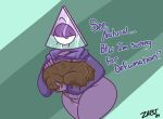  1_eye big_breasts bodily_fluids breasts butt clothed clothing cyclops dialogue feces for_a_head genital_fluids hi_res not_furry object_head pooping purple_body scat_boobs simple_background text youtuber zadirtybish 