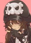  1girl ;) absurdres black_gloves black_hat black_jacket black_nails bracelet brown_eyes brown_hair collar fingerless_gloves gloves guilty_gear hat highres jacket jewelry may_(guilty_gear) mil17459623 one_eye_closed pink_background simple_background skull_and_crossbones smile solo spiked_bracelet spiked_collar spikes v 