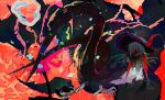  abstract abstract_background animal_feet black_tail extra_tails green_hair hat highres kamikiririp monster no_humans original psychedelic red_eyes solo 