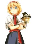  :&lt; :x alice_margatroid ao_usagi blue_eyes can't_be_this_cute capelet character_doll crossed_arms hairband hat kirisame_marisa lonely ore_no_imouto_ga_konna_ni_kawaii_wake_ga_nai parody short_hair simple_background solo touhou white_capelet witch_hat 