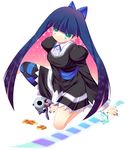  aqua_eyes blue_hair bow coin dress gothic_lolita hair_bow honekoneko_(psg) lolita_fashion long_hair mitsumomo_mamu panty_&amp;_stocking_with_garterbelt solo stocking_(psg) striped striped_legwear stuffed_animal stuffed_cat stuffed_toy thighhighs 