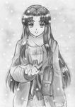  absurdres asakura_ryouko bag coat fujita_(speedlimit) greyscale highres kita_high_school_uniform long_hair monochrome scarf school_uniform serafuku snow solo suzumiya_haruhi_no_shoushitsu suzumiya_haruhi_no_yuuutsu traditional_media 